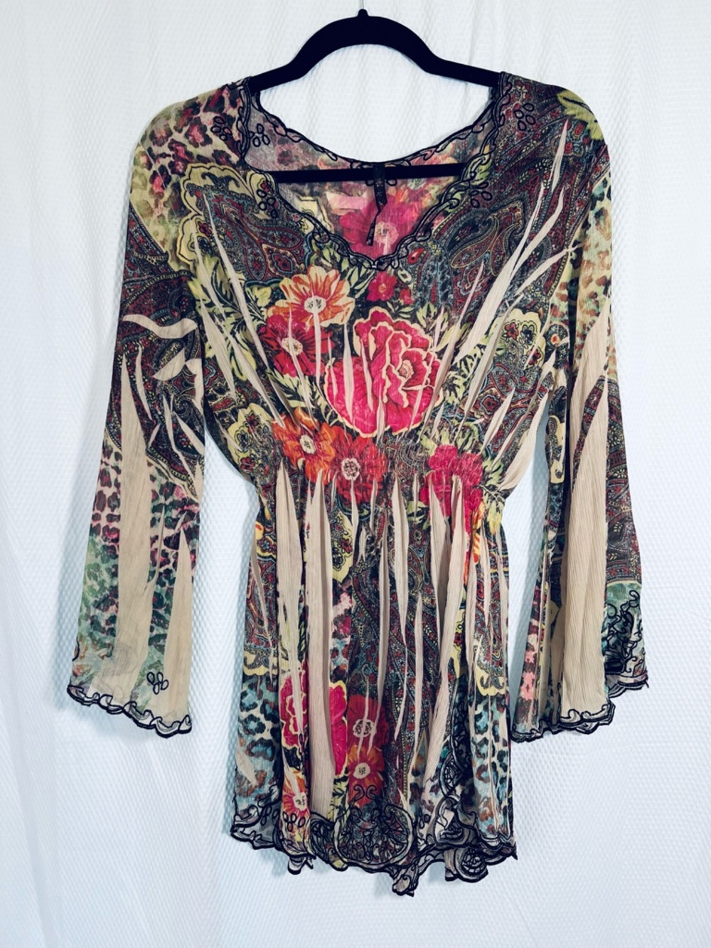 Sienna Rose Sheer Floral Paisley V-Neck Tunic - Pink, Cream, Green